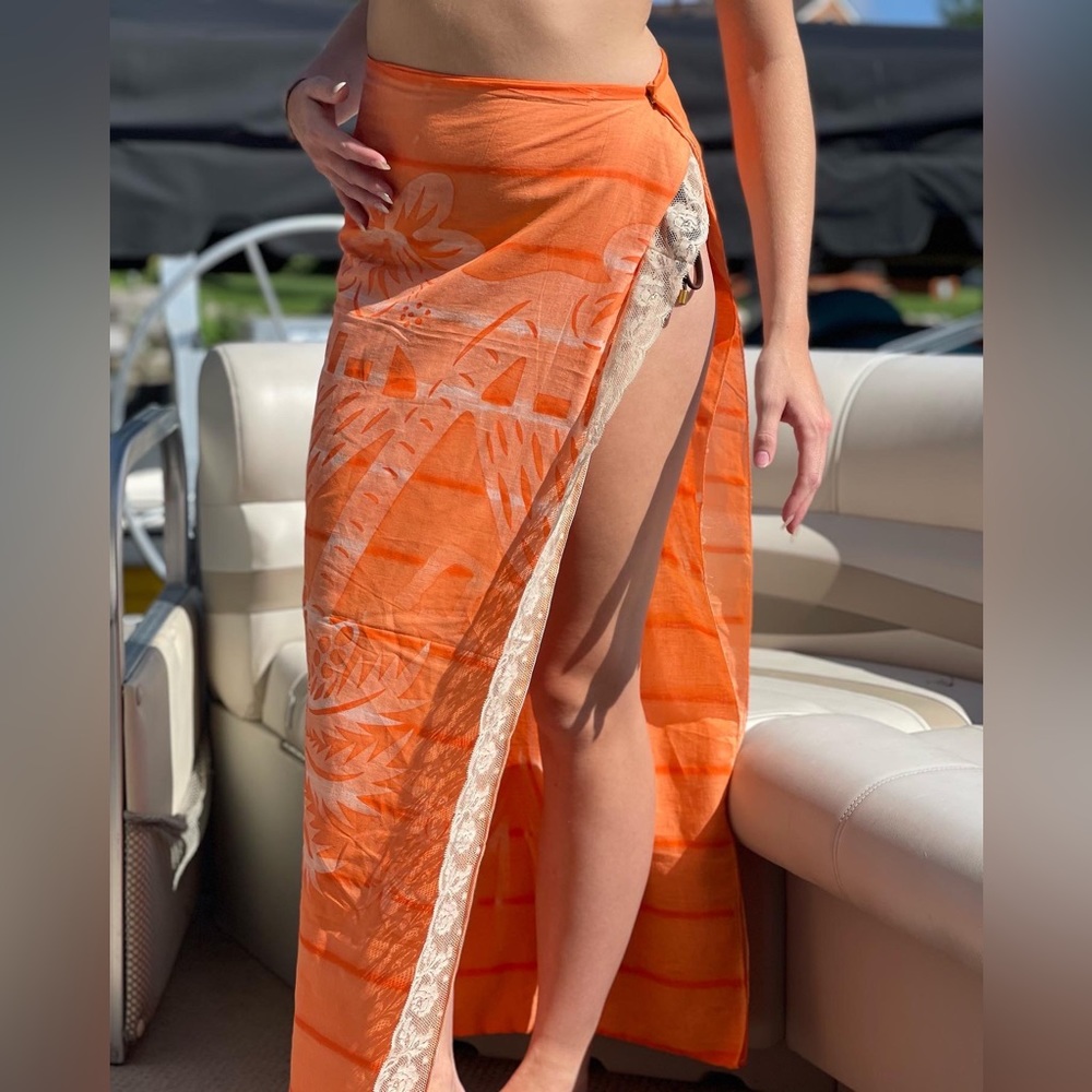 Snap on bathing suit cover long orange skirt